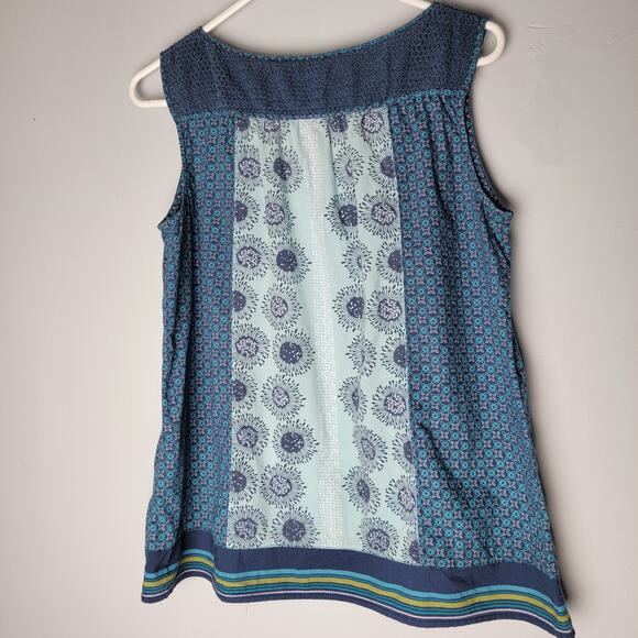 IZOD Boho Crochet(Top) Patchwork Top Size L Tie Front Tassels Blue Flowy Artist - Picture 3 of 9